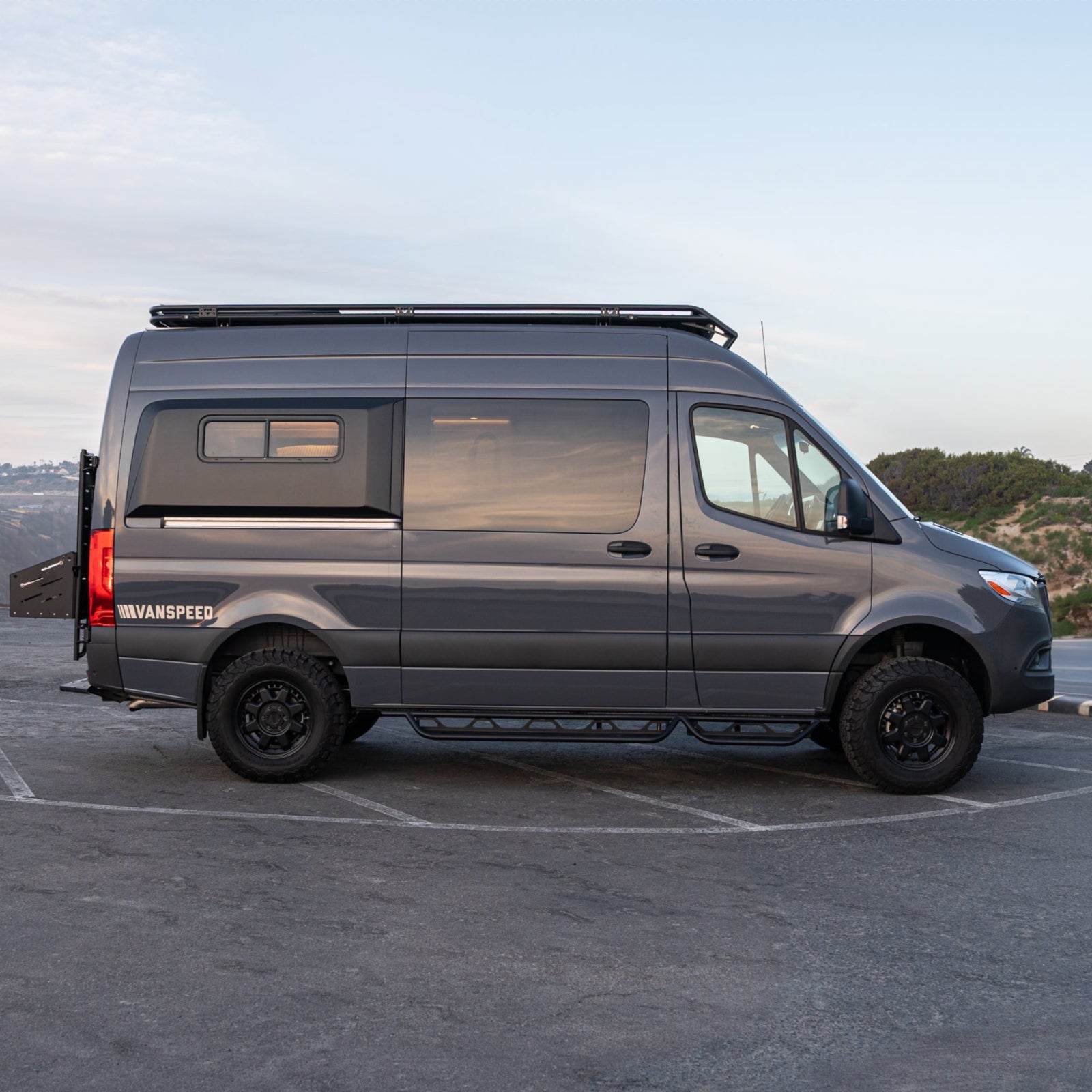 Vanspeed Sprinter side steps featuring a sleek design and durable construction for easy access to your vehicle.