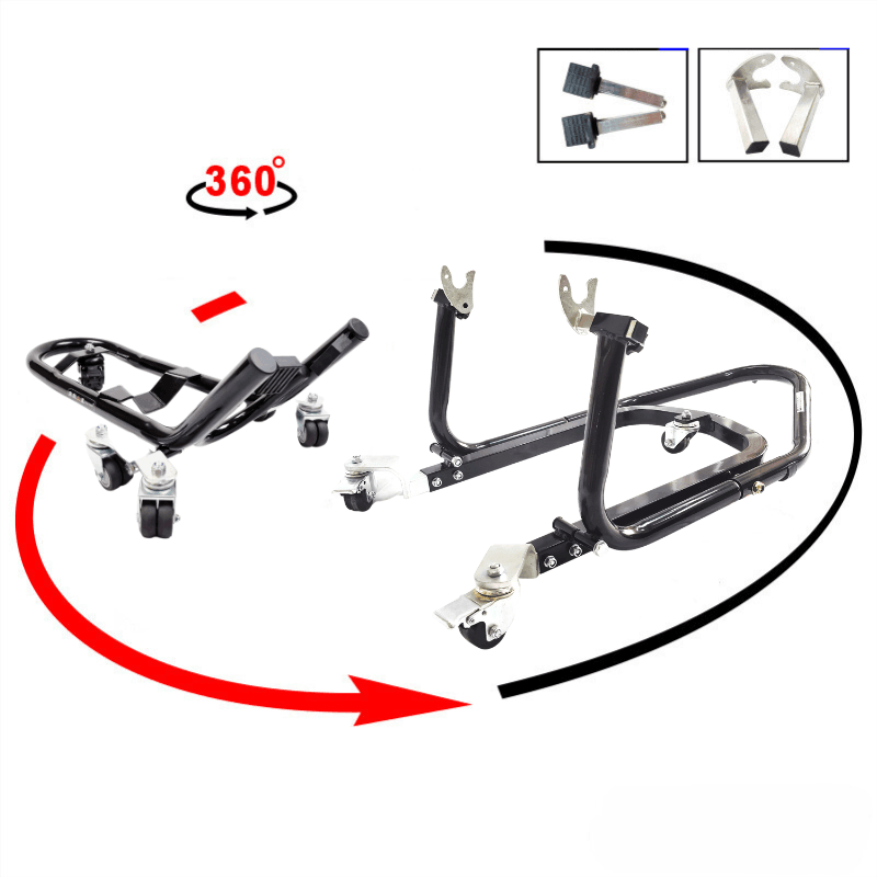 Bean's Moto Booth Liou Stand™ motorcycle paddock stand dolly mover supporting a motorcycle for easy lifting and maneuvering.