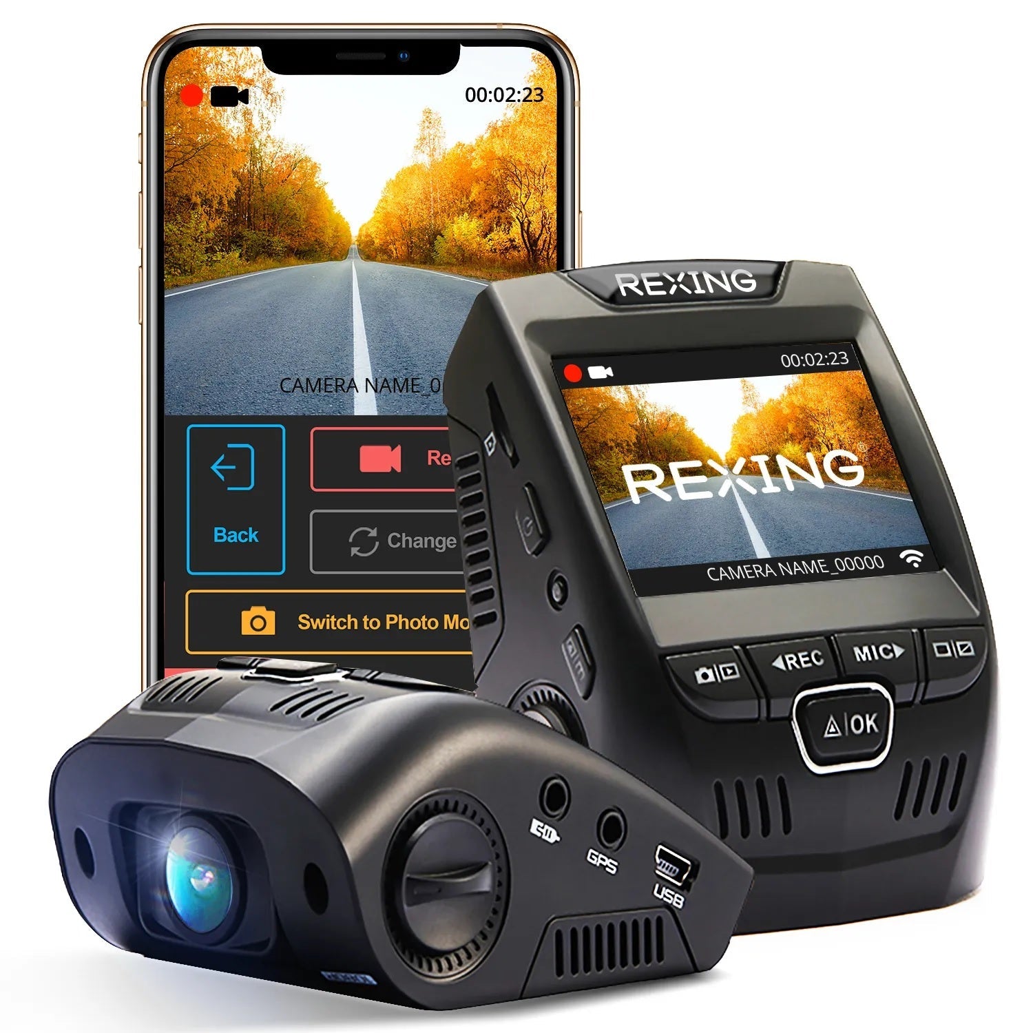 Rexing V1-4K Ultra HD dash cam with Wi-Fi, featuring a sleek design and compact size for vehicle recording.