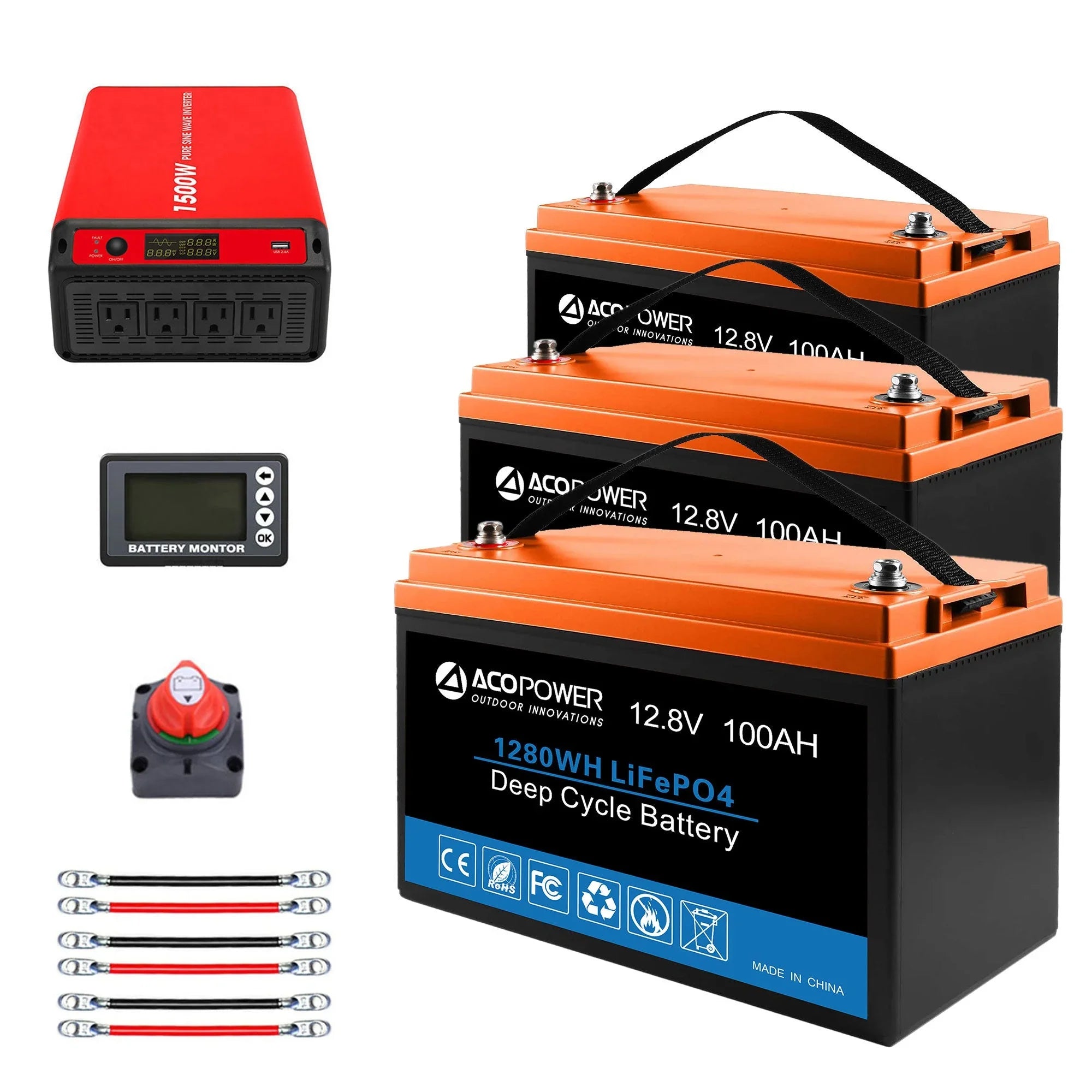 Green Vista Living ACOPOWER lithium mono solar battery system with inverter for RV and off-grid boat power setup.