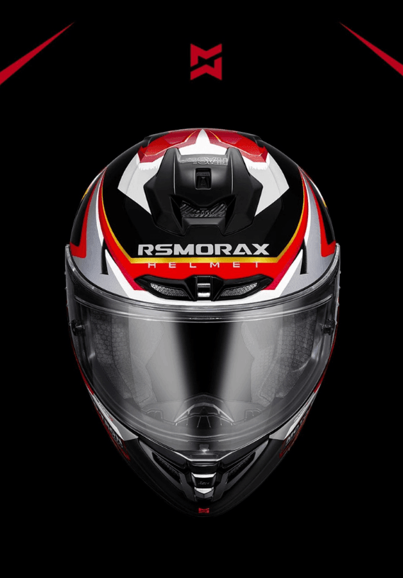 Bean's Moto Booth RSMORAX R50S PRO motorcycle riding helmet with aerodynamic design and secure strap fastening.