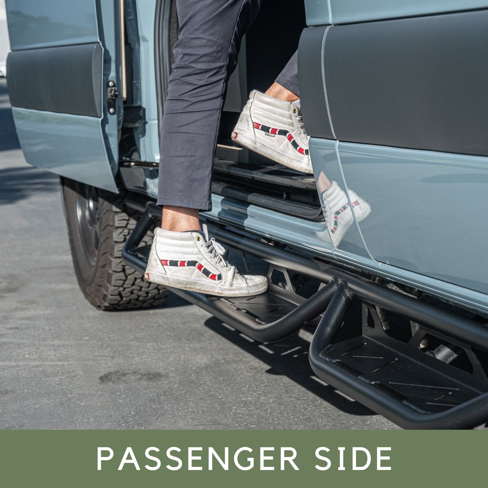Vanspeed Sprinter side steps installed on a van, showcasing durable design and easy access for passengers.