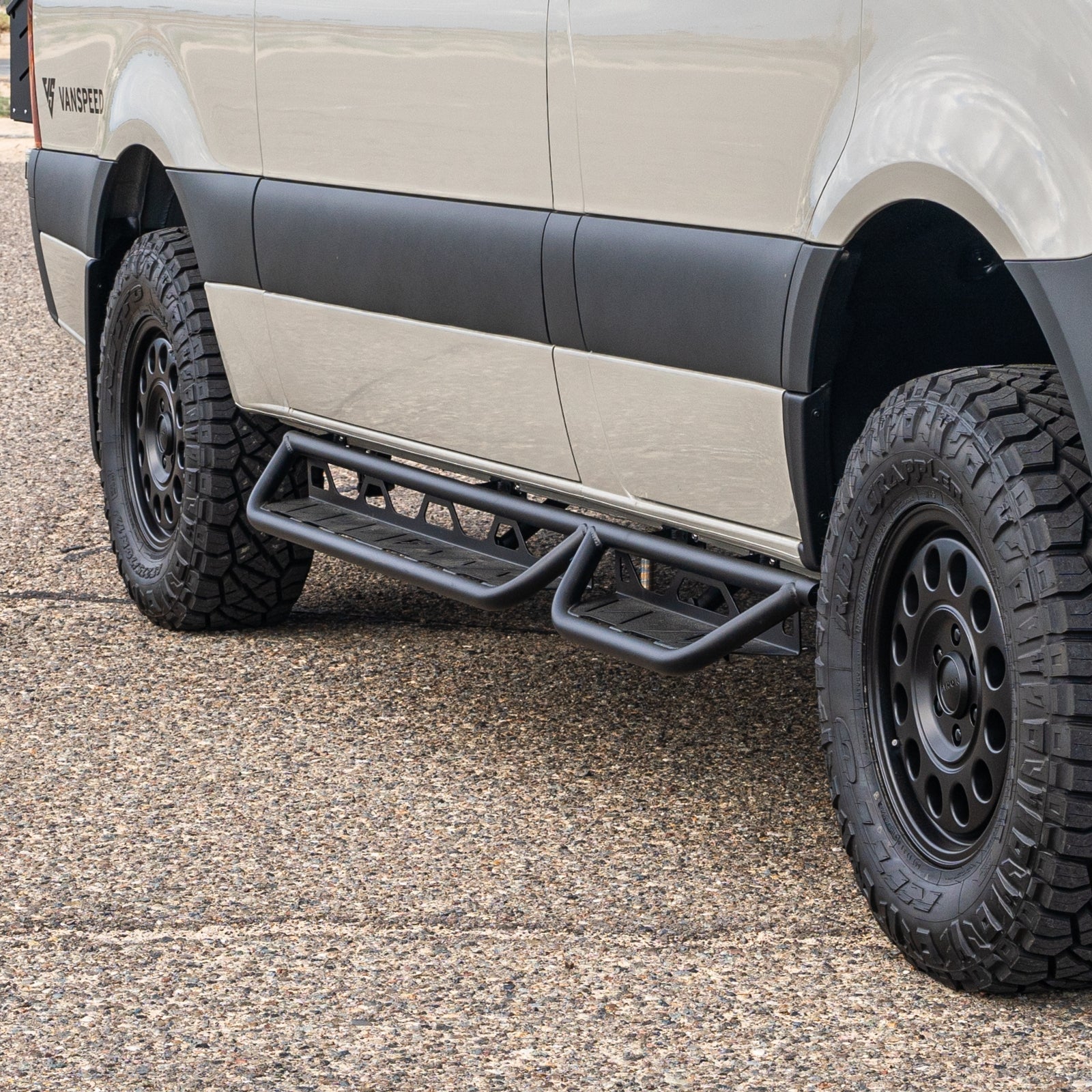 Vanspeed Sprinter side steps showcasing a sleek design, enhancing accessibility and style for van exteriors.