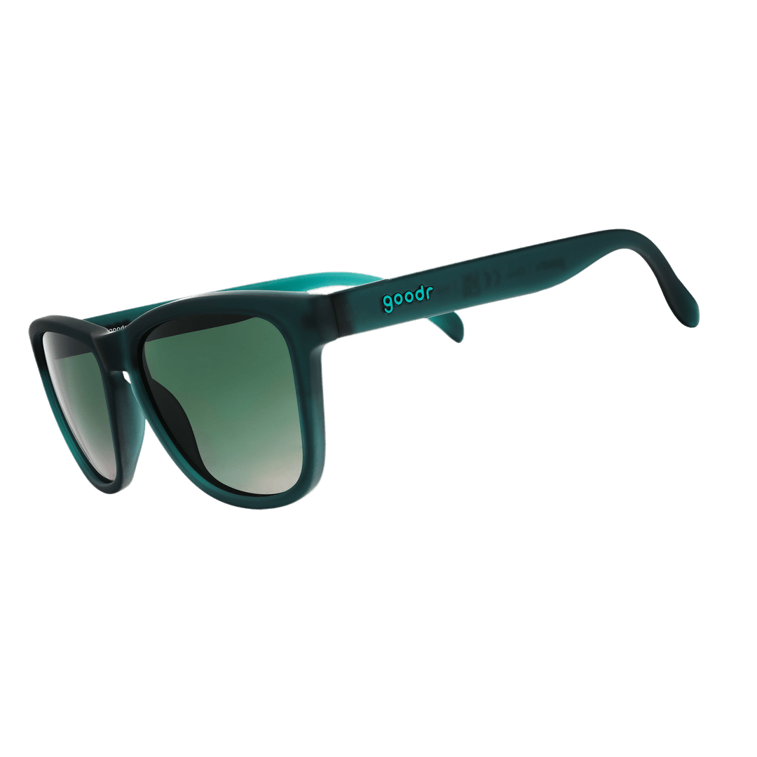 Side view of Rare Air Discs 90s Sedan Style Icon polarized sunglasses with transparent frames and dark tinted lenses.