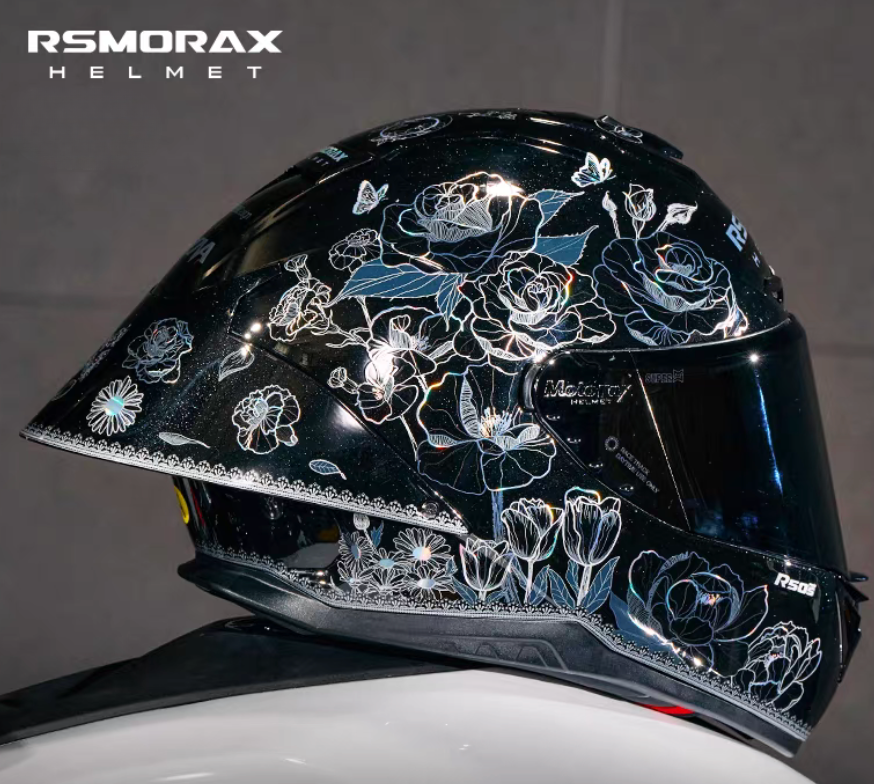 Bean's Moto Booth RSMORAX™ R50S PRO motorcycle helmet with sleek design and secure chin strap, shown from the side.