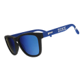 Royal blue Duke Hustle Collegiate OG polarized sunglasses with transparent side arms and classic design by Rare Air Discs.