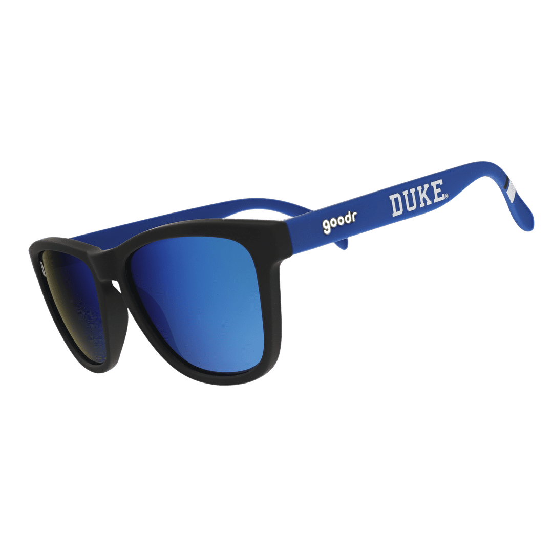 Royal blue Duke Hustle Collegiate OG polarized sunglasses with transparent side arms and classic design by Rare Air Discs.