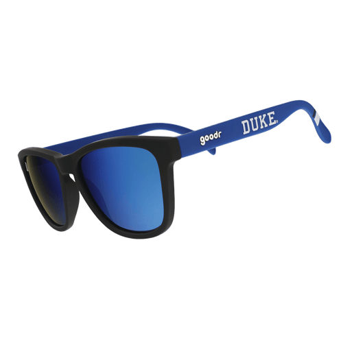 Royal blue Duke Hustle Collegiate OG polarized sunglasses with transparent side arms and classic design by Rare Air Discs.
