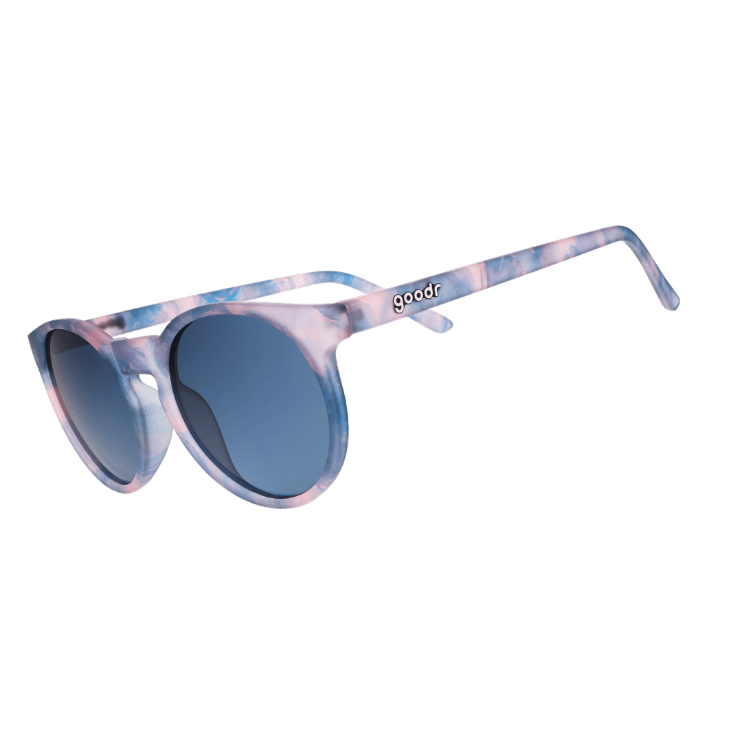 Side view of Rare Air Discs "Embracing My Inner Meteorologist" circle polarized sunglasses with transparent frame.