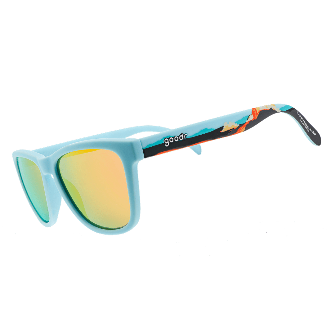 Side view of Rare Air Discs Hawaii Volcanoes OG polarized sunglasses with transparent frame and dark tinted lenses.