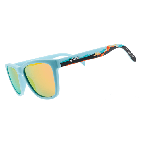 Side view of Rare Air Discs Hawaii Volcanoes OG polarized sunglasses with transparent frame and dark tinted lenses.