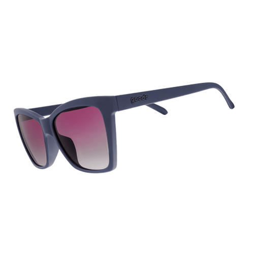 Side view of Rare Air Discs Overdressed For Every Occasion polarized Pop G sunglasses with transparent frame and dark tinted lenses.