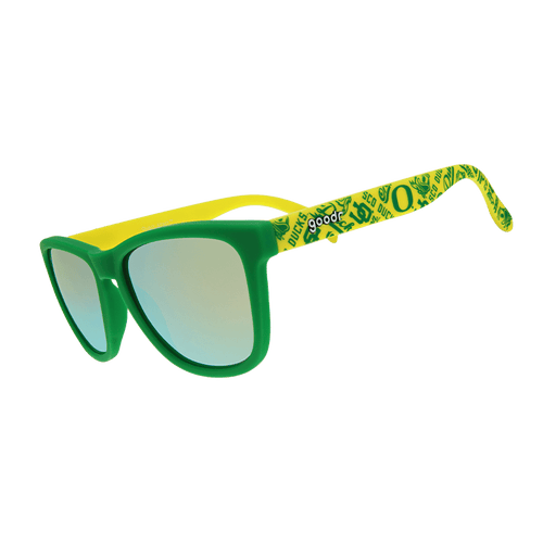 Side view of Rare Air Discs Quack Attack Limited Oregon Collegiate OG polarized sunglasses with transparent frame detail.
