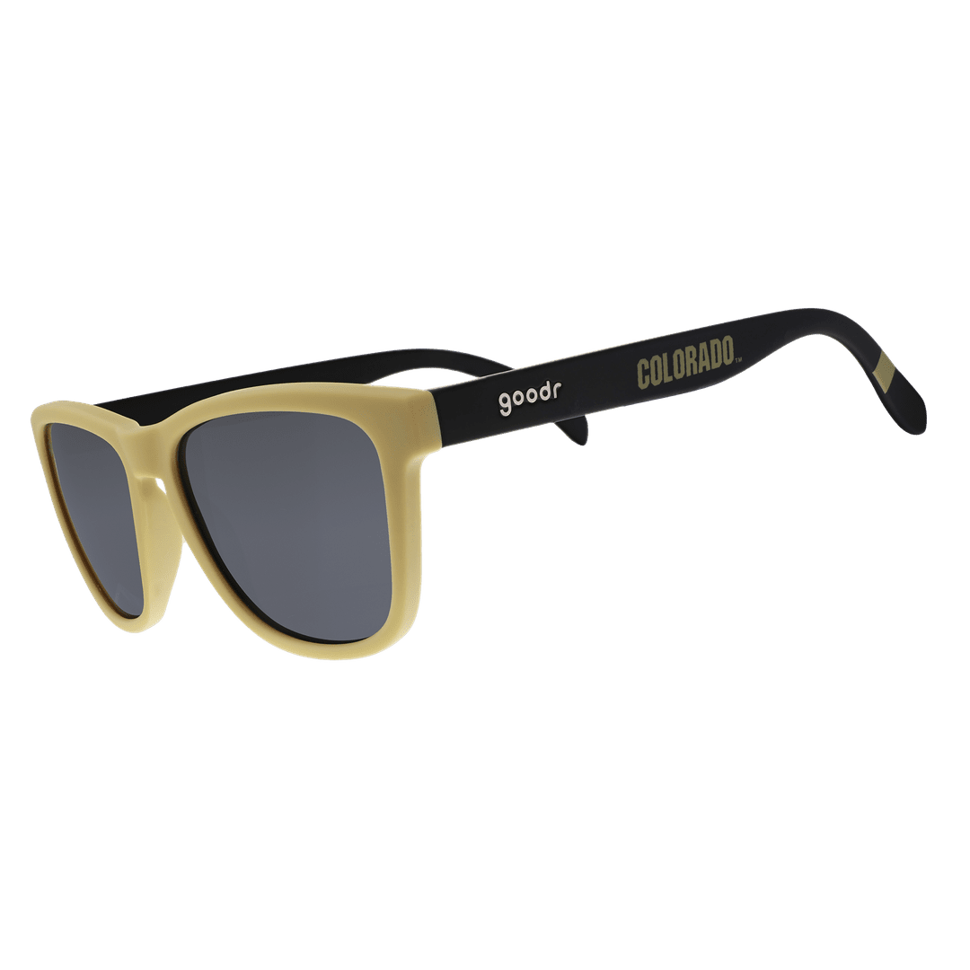 Side view of Rare Air Discs "Let's Go Buffs!!!” CU Collegiate OG polarized sunglasses, showing black frame and tinted lenses.