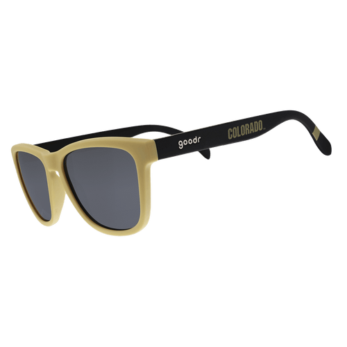 Side view of Rare Air Discs "Let's Go Buffs!!!” CU Collegiate OG polarized sunglasses, showing black frame and tinted lenses.