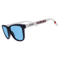 Rare Air Discs UCONN Collegiate OG polarized sunglasses with transparent frames and dark tinted lenses, side view image.