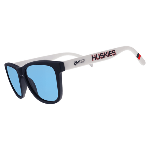 Rare Air Discs UCONN Collegiate OG polarized sunglasses with transparent frames and dark tinted lenses, side view image.