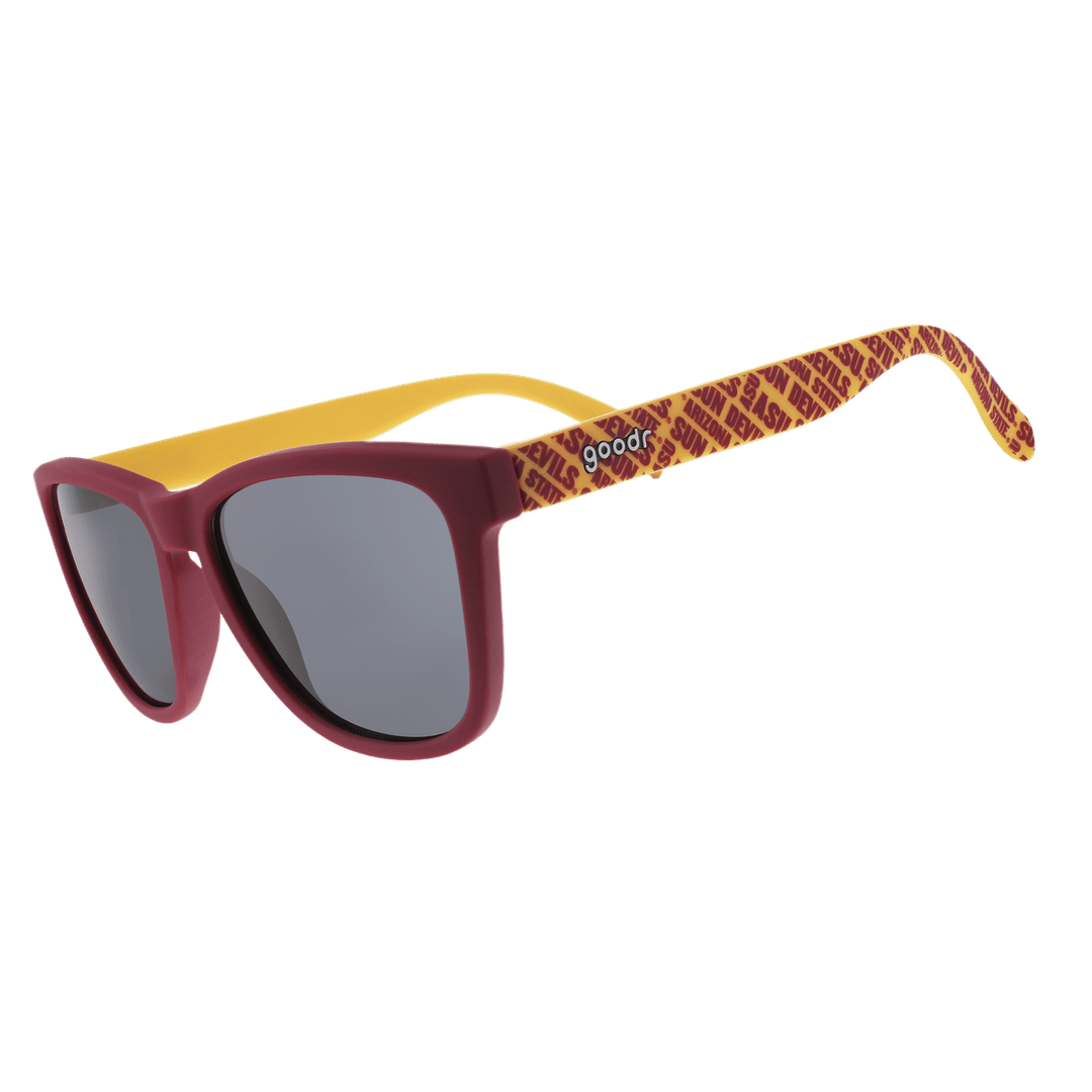 Side view of Rare Air Discs "Forks Up, Sunnies On" ASU Collegiate OG polarized sunglasses in transparent frame.