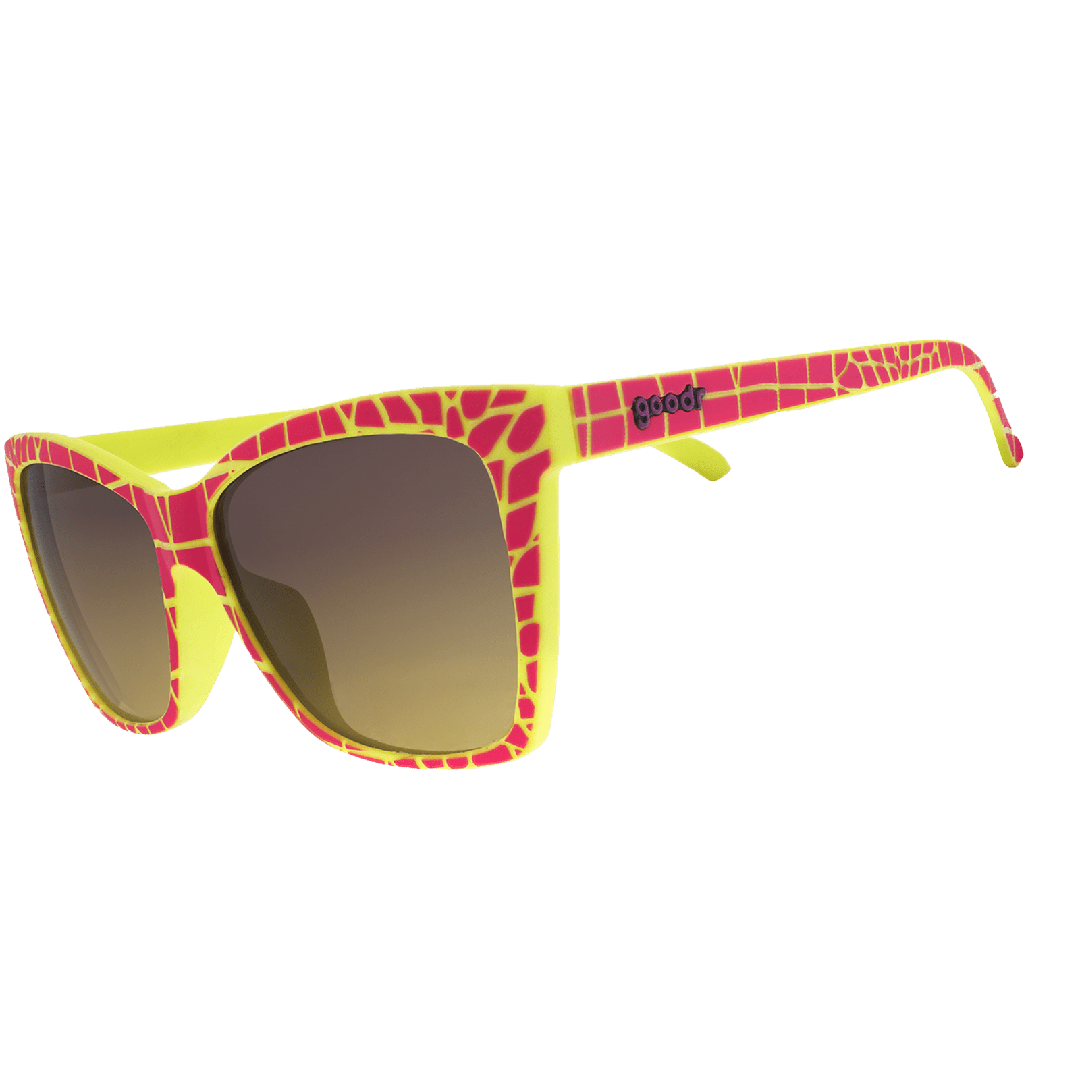 Side view of Rare Air Discs Croco-Dial For A Good Time polarized Pop G sunglasses with transparent frame and dark tinted lenses.