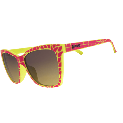 Side view of Rare Air Discs Croco-Dial For A Good Time polarized Pop G sunglasses with transparent frame and dark tinted lenses.