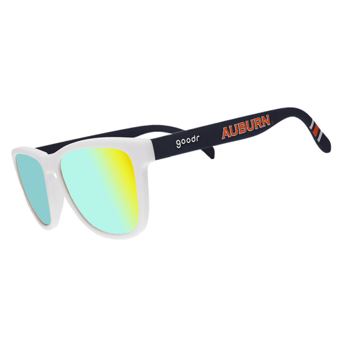 Auburn Bodda Getta Collegiate OG polarized sunglasses from Rare Air Discs, showing side view with transparent frame and dark lenses.