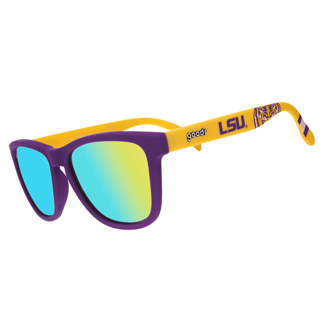 Side view of Rare Air Discs "Geaux Tigers" LSU Collegiate OG polarized sunglasses with transparent frames and dark lenses.