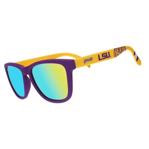 Side view of Rare Air Discs "Geaux Tigers" LSU Collegiate OG polarized sunglasses with transparent frames and dark lenses.