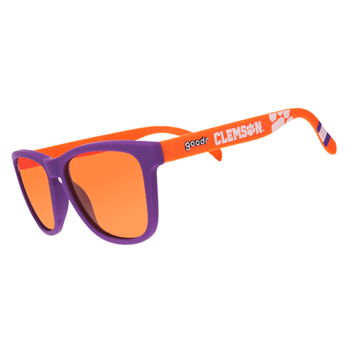 Clemson collegiate OG polarized sunglasses by Rare Air Discs with transparent side frames, designed as stylish accessories.