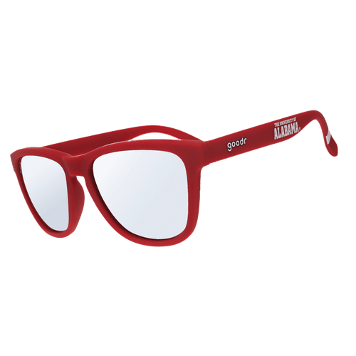Side view of Rare Air Discs Crimson Tide Pride Alabama Collegiate OG polarized sunglasses with transparent frames.
