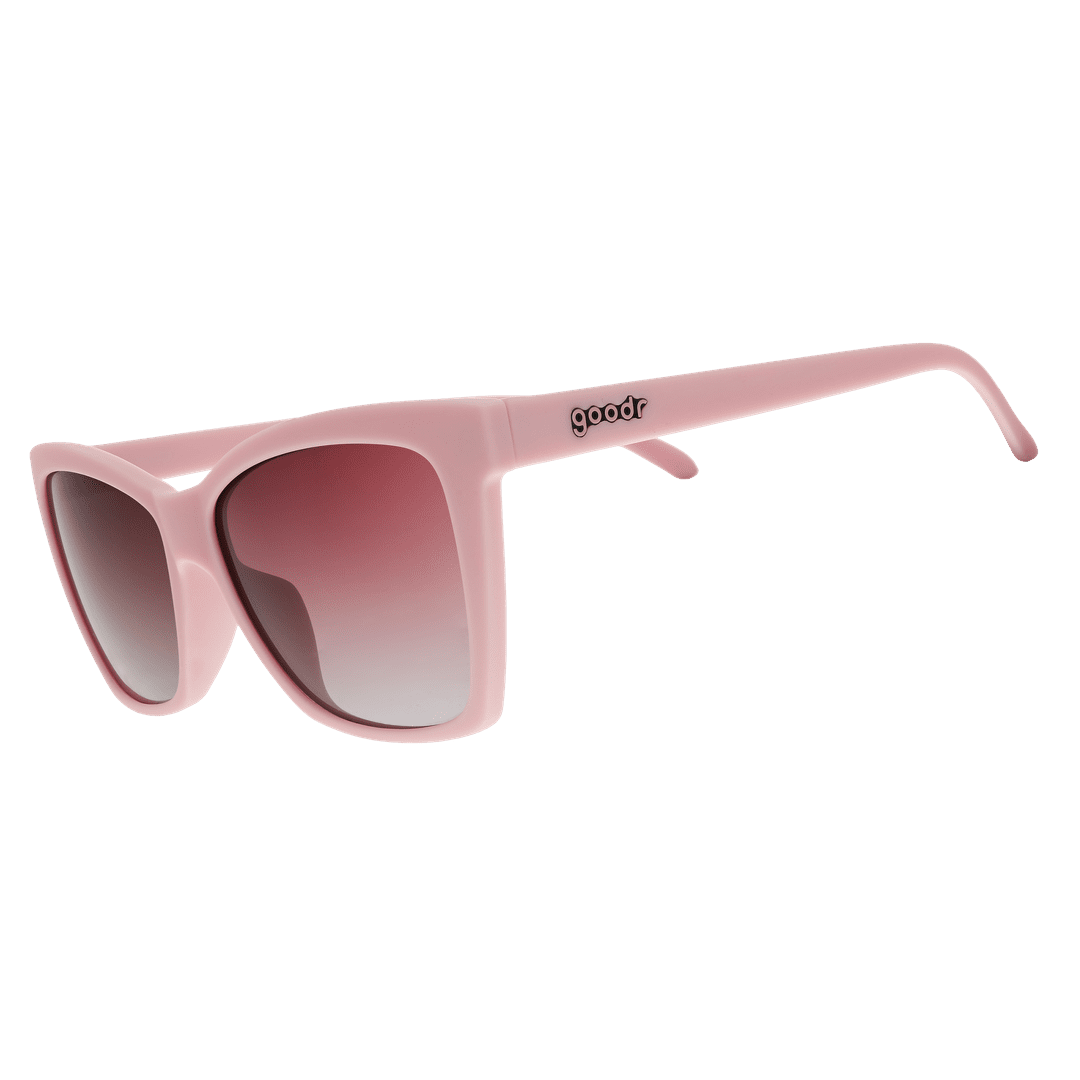 Side view of Rare Air Discs Rosé Retail Therapy Polarized Pop G sunglasses with transparent pink frames and polarized lenses.