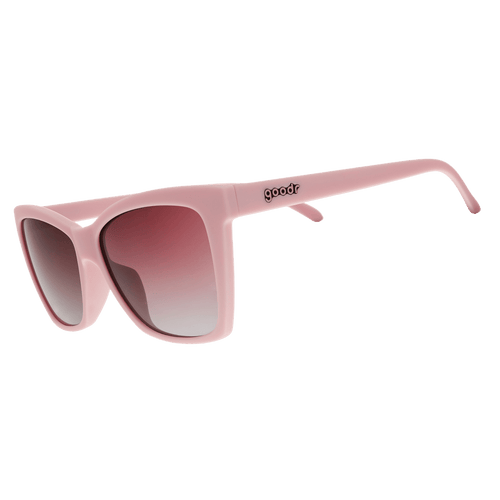 Side view of Rare Air Discs Rosé Retail Therapy Polarized Pop G sunglasses with transparent pink frames and polarized lenses.