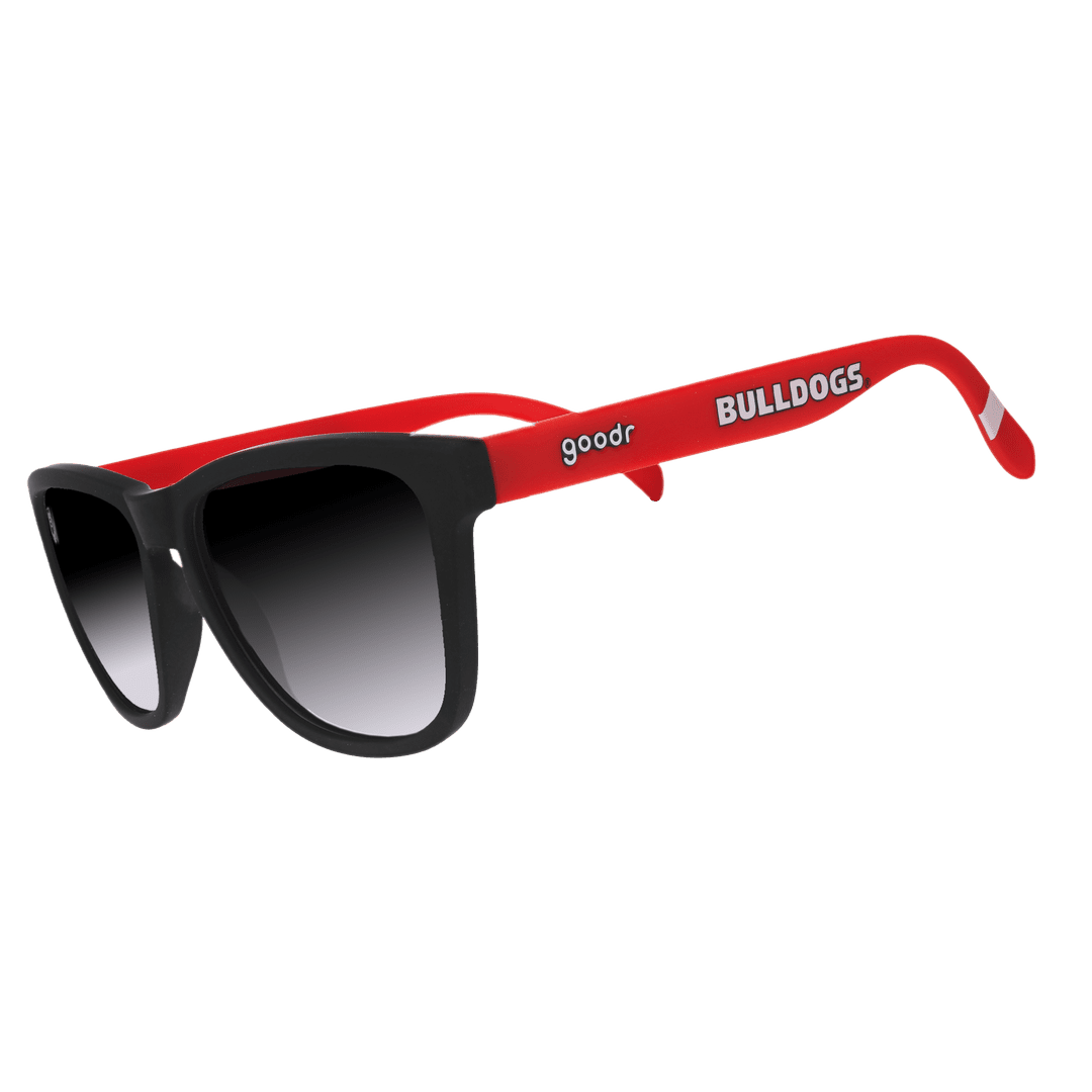 Side view of Georgia Collegiate OG Polarized Sunglasses by Rare Air Discs, with transparent frame and dark lenses.
