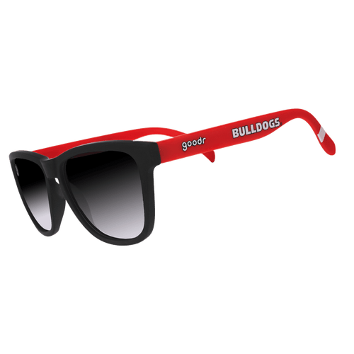 Side view of Georgia Collegiate OG Polarized Sunglasses by Rare Air Discs, with transparent frame and dark lenses.