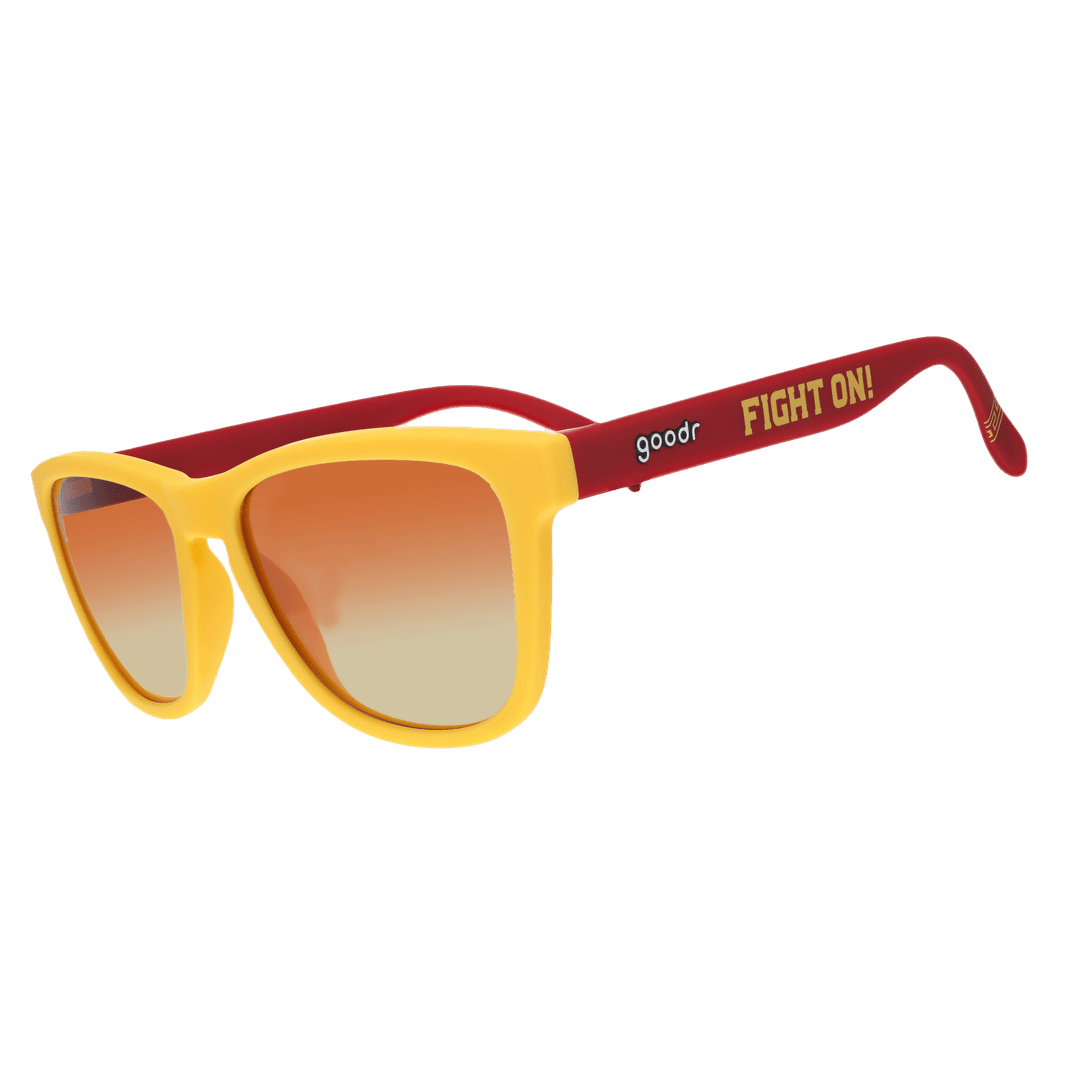 Side view of Rare Air Discs The Sunnies Of Troy USC Collegiate OG polarized sunglasses showing transparent frame and USC logo detail
