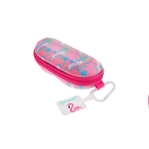 Transparent Rare Air Discs sunglasses case with carabiner, compact accessory for protecting and carrying sunglasses.