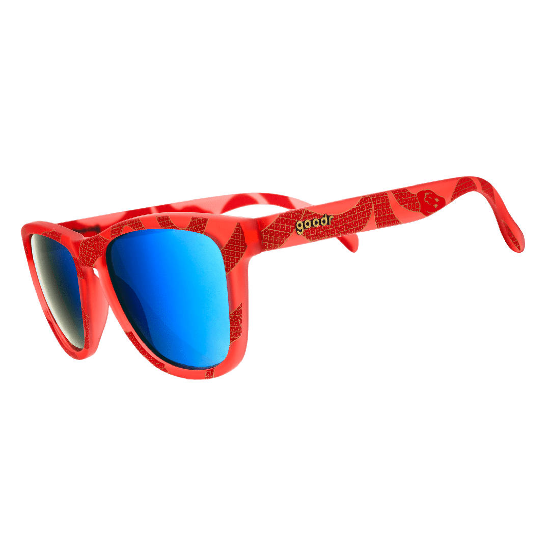 Side view of Rare Air Discs Serpentine Dream Chinese New Years OG polarized sunglasses with transparent frames and sleek design.