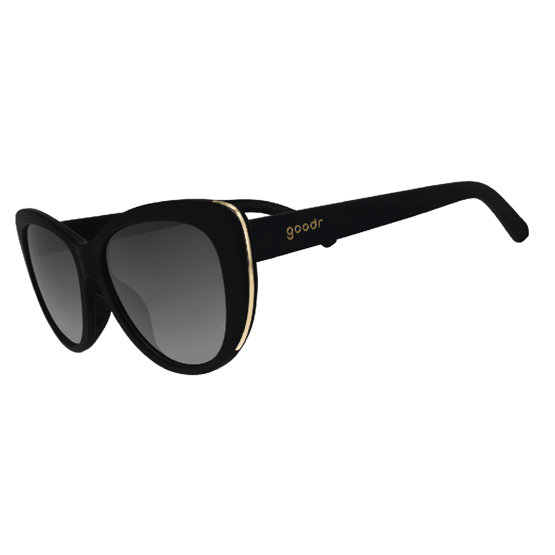 Side view of Rare Air Discs It's Noir, Darling Glam G polarized sunglasses with transparent frames and dark tinted lenses.