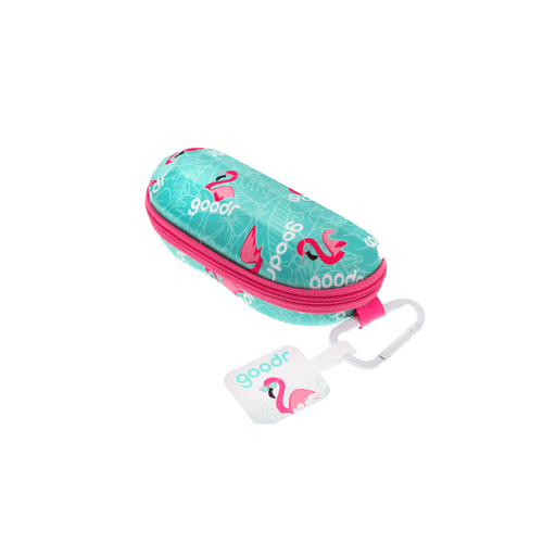 Transparent Rare Air Discs sunglasses case with carabiner, compact accessory for storing and carrying sunglasses securely.