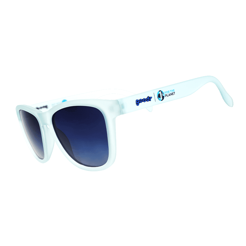 Side view of Rare Air Discs "These Shades Are Still Trash" OG Polarized Sunglasses made from 100% recycled materials, transparent frame.