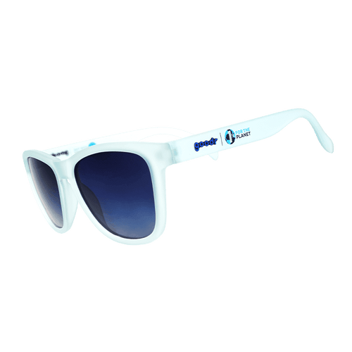 Side view of Rare Air Discs "These Shades Are Still Trash" OG Polarized Sunglasses made from 100% recycled materials, transparent frame.