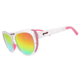 Side view of Rare Air Discs Rainbow Runway Ready Glam G polarized sunglasses with transparent frame and colorful lenses.