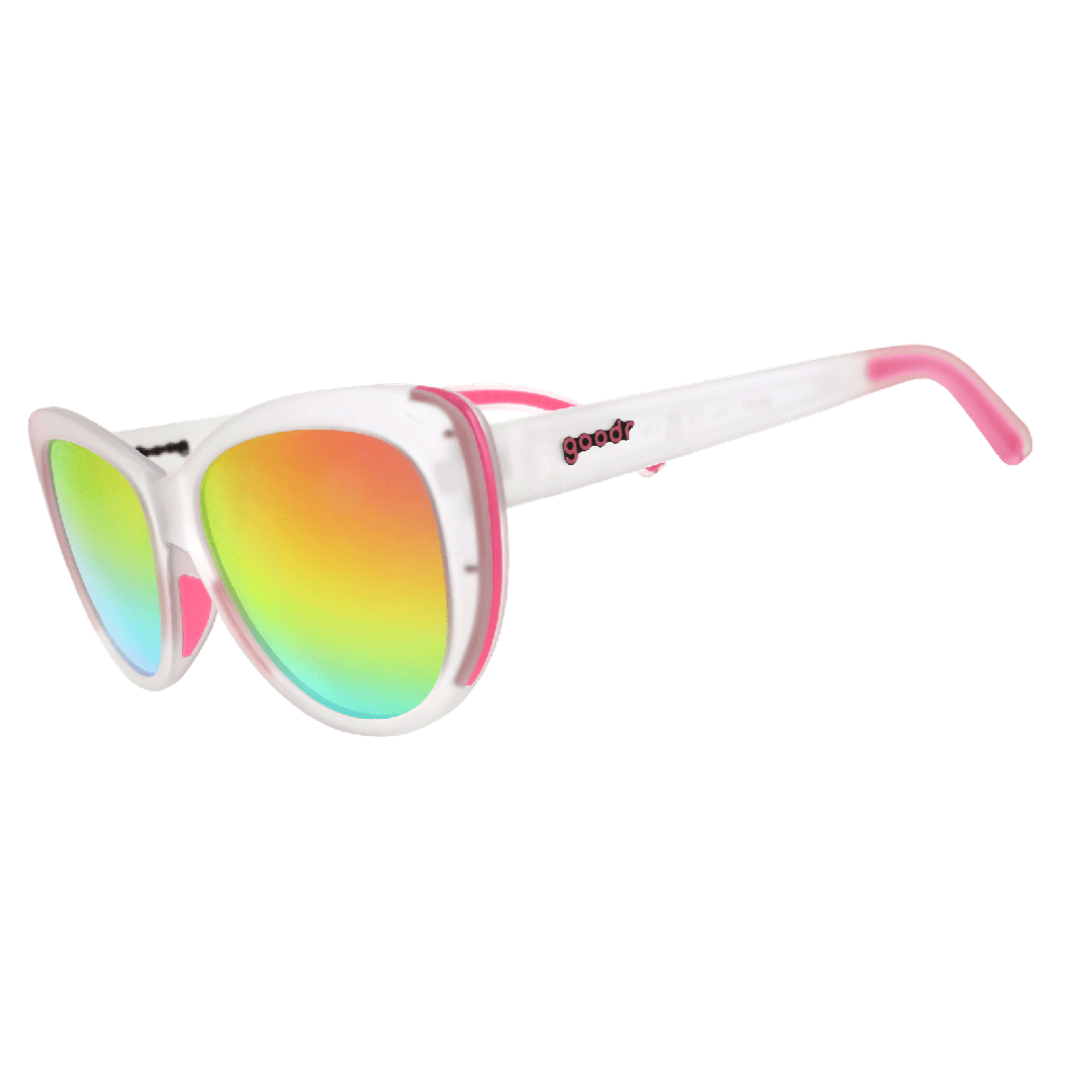 Side view of Rare Air Discs Rainbow Runway Ready Glam G polarized sunglasses with transparent frame and colorful lenses.