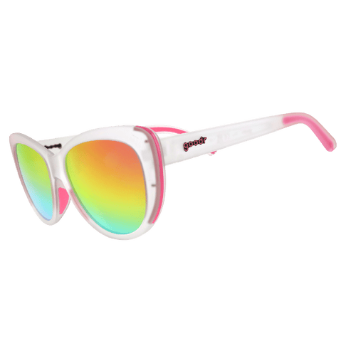 Side view of Rare Air Discs Rainbow Runway Ready Glam G polarized sunglasses with transparent frame and colorful lenses.