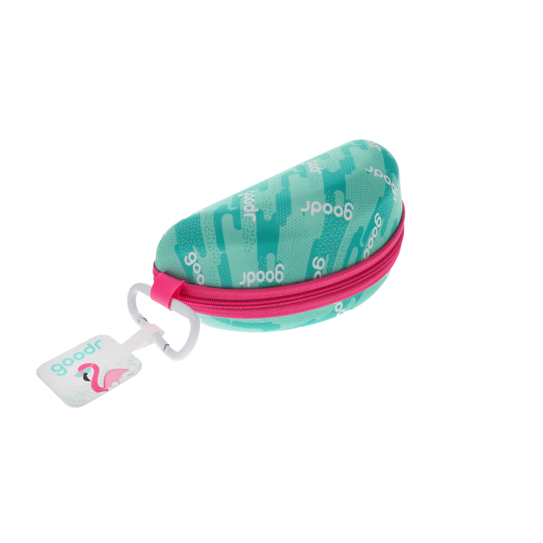 Transparent Rare Air Discs Gnarliest Case Scenario wrap sunglasses case with carabiner, side view showing durable design and clip attachment.