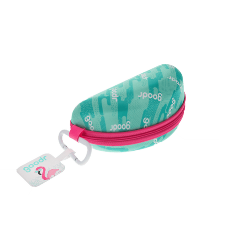 Transparent Rare Air Discs Gnarliest Case Scenario wrap sunglasses case with carabiner, side view showing durable design and clip attachment.