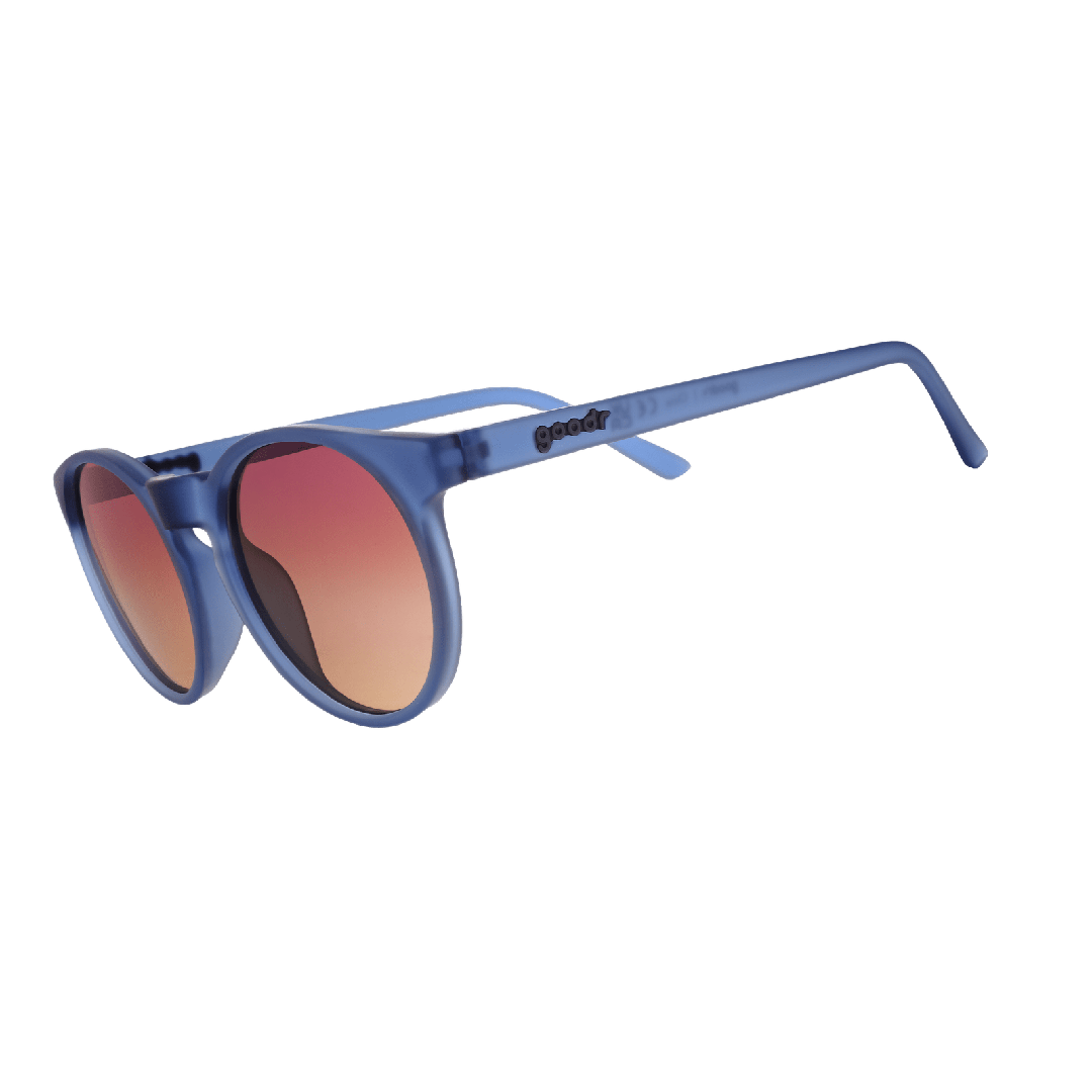 Side view of Rare Air Discs "Stares Into The Abyss" Circle G polarized sunglasses with transparent frame and dark lenses.