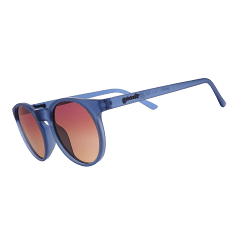 Side view of Rare Air Discs "Stares Into The Abyss" Circle G polarized sunglasses with transparent frame and dark lenses.