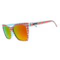 Side view of Rare Air Discs polarized Pop G sunglasses featuring houndstooth patterned frames and transparent accents.