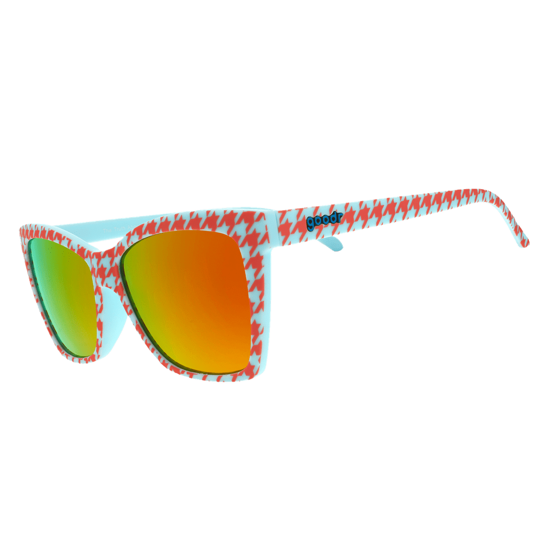 Side view of Rare Air Discs polarized Pop G sunglasses featuring houndstooth patterned frames and transparent accents.