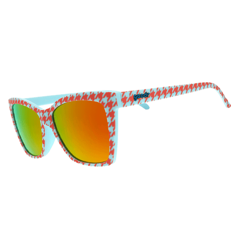 Side view of Rare Air Discs polarized Pop G sunglasses featuring houndstooth patterned frames and transparent accents.